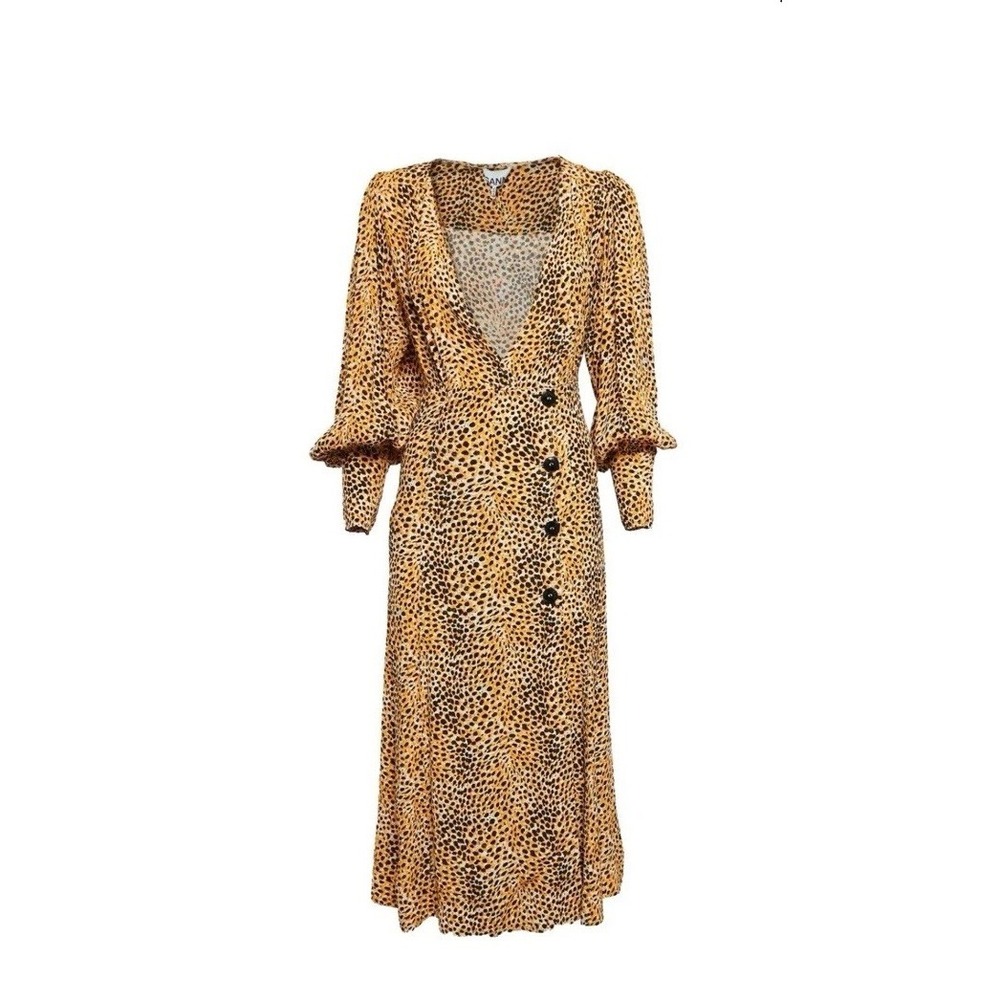 Ganni Yellow Leopard Print Crepe Buttoned Midi Dress M Retail $520